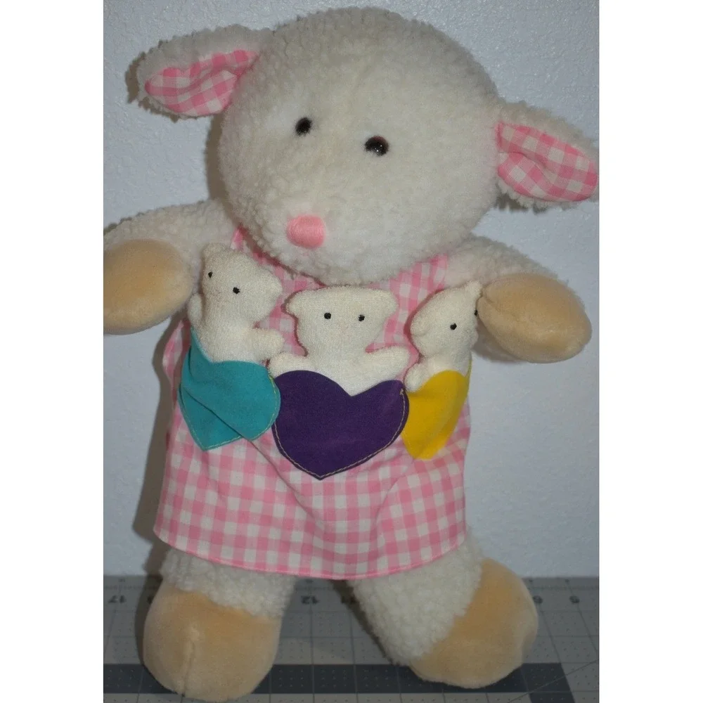 Vintage 1993 Dakin Mother Sheep Plush Pink Gingham Dress with 3 Baby Lambs 16 in